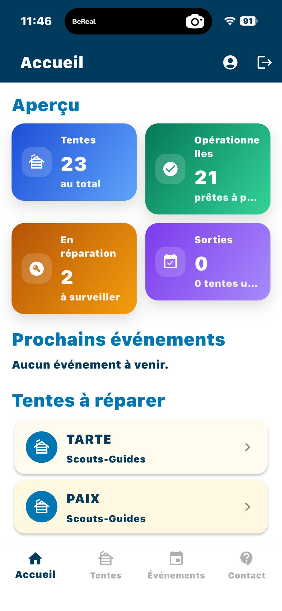 Écran d'accueil de l'application LogistiScout