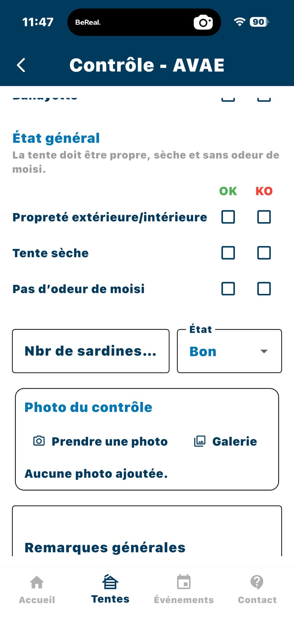 Écran de contrôle d'une tente dans l'application LogistiScout