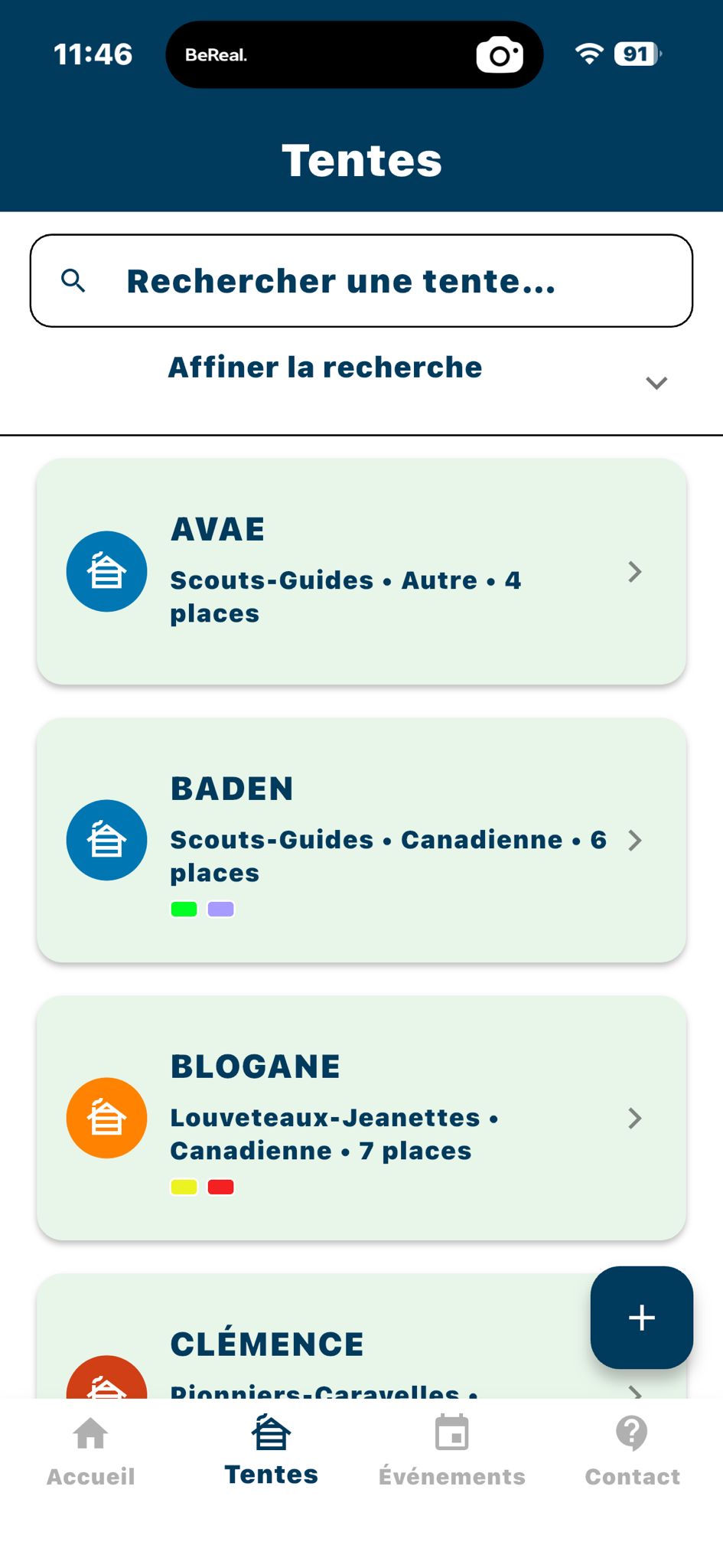 Liste des tentes dans l'application LogistiScout